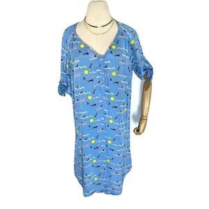 Larke Anthropologie Womens Blue Swimmers Print Dress Size Medium Tie Sleeves